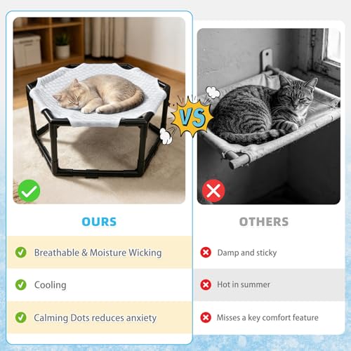 Elevated Cat Cooling Hammock Bed, Hexagonal Raised Cat Cot with Breathable Ice Beanie Fabric and Anti Slip Block, Cooling Pad Mat Indoor Outdoor Stable Pet Swing Bed for Small Puppy, Gery - color: Gray