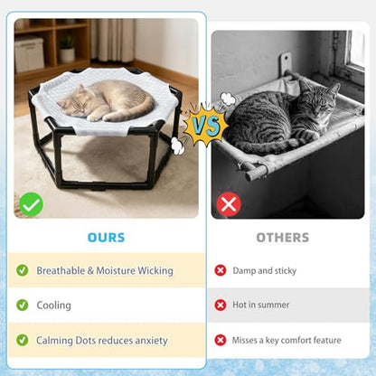 Elevated Cat Cooling Hammock Bed, Hexagonal Raised Cat Cot with Breathable Ice Beanie Fabric and Anti Slip Block, Cooling Pad Mat Indoor Outdoor Stable Pet Swing Bed for Small Puppy, Gery - color: Gray