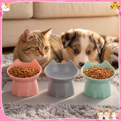 3 Pcs Elevated Cat Bowls 15°Raised Cat Food Bowl with Silicone Mat Whisker Friendly Anti Vomiting Cats Dishes Pet Food and Water Bowls for Indoor Cats Kittens, Pink, Green, Gray - color: Pink, Green, Gray