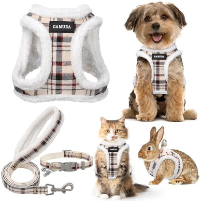 Small Dog Harness Collar and Leash Set, Step in No Chock No Pull Soft Mesh Adjustable Dog Vest Harnesses Plaid Reflective for Dogs Puppy Cats Kitten Rabbit (Warm Beige, XXS) - color: Warm Beige, size: XXS