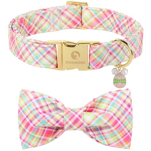 DOGWONG Easer Dog Collar with Bow,Colorful Plaid Dog Collar, Adjustable Durable Soft Easter Dog Collars for Male Female Dogs,S - color: C-Easter plaid bow, size: S