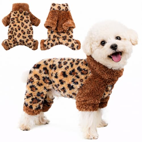 Turtleneck Dog Pajamas for Small Dogs Girl Boy, Warm Soft Stretchy 4 Legged Puppy Onesies, Fleece Winter for Chihuahua Yorkie Teacup Dogs (Leopard Print,XXS) - color: Leopard Print, size: XX-Small (Chest 11in)