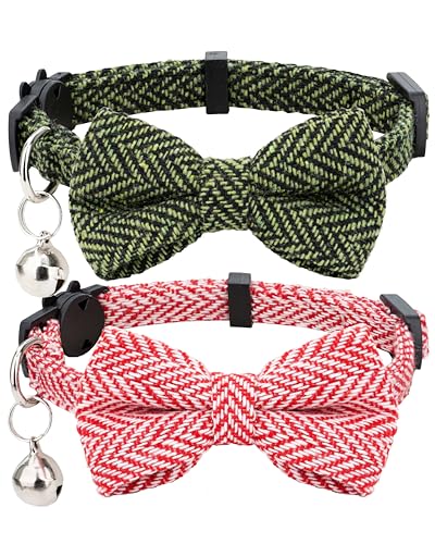 Cat Collar Breakaway Bowtie Safety with Bell Adjustbale Kitten Puppy Solid Plaid Color Set P-[2pcs] Xmas Green & Red - color: P-[2pcs] Xmas Green & Red