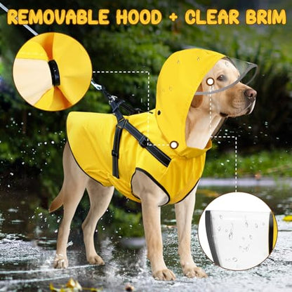 Dog Raincoat: Dog Rain Jacket with Reflective Harness & Removable Hood | Waterproof Dogs Rain Coat Poncho for Large Medium Small Dogs Puppies (Yellow - L) - size: Large