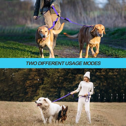 Double Dog Leash, No Tangle Dual Leash, Reflective Walking Training Lead, 4 Comfortable Padded Handles for 2 Dogs with Collapsible Bowl and Waste Bags (Purple, Large) - color: Purple