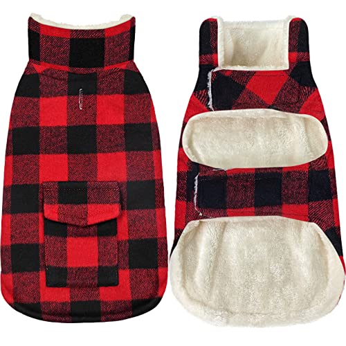 Winter Coat for Dogs - Classic Plaid Fleece Cold Weather Jacket With Pocket, Windproof Warm Vest Clothes for Small Medium Large Dogs (Red, Medium) - color: Red, size: Medium