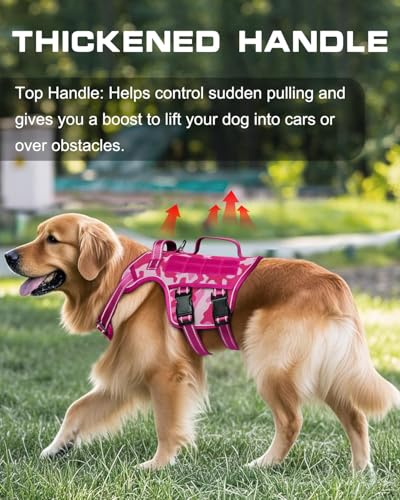 Tactical Dog Harness Medium Sized, Heavy Duty No Pull Dog Harness with Handle, Easy On and Off Service Dog Vest with Molle System, Reflective Pet Vest for Walking Hiking Training - color: Pink Camo, size: M(Neck:17-23",Chest:22-32"),35-50 lbs