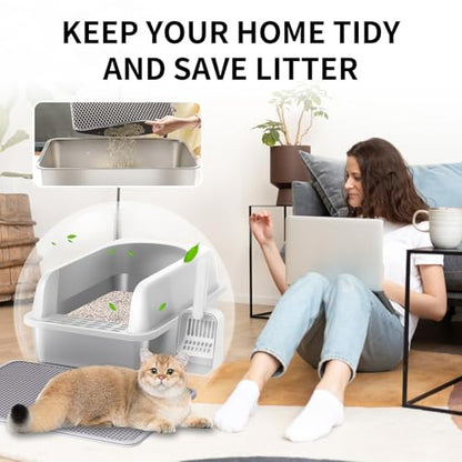 Prodigen Stainless Steel Cat Litter Box with Lid High Wall Sides Enclosure, Non-Sticky, Anti-Leakage, Easy Cleaning, with Cat Mat & Metal Scoop, 19.6" L x 14" W x 12" H