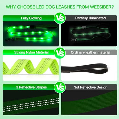 Weesiber Glowing Light Up LED Dog Leash - 4ft USB Rechargeable Flashing Nylon Leash for Small Medium Large Dogs, 3 Flash Modes (Green) - color: Green