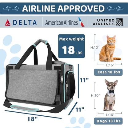 GAPZER Soft-Sided Pet Carrier for Air Travel 18x11x11 Inch - Underseat Cabin Carry Bag for Small Cats & Dogs Under 15 lbs - size: 18"x11"x11"