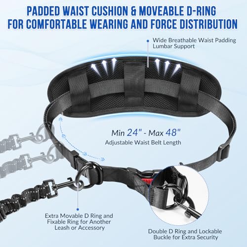 SlowTon Hands Free Dog Leash 2 Dogs - with Removable Zipper Pouch, Shock Absorbing Bungee, Dual Handle & Reflective Stitches, Wide Padded Adjustable Waist Leash for Dogs Walking Running, XL for 2 Dogs - size: X-Large for 70-135 lbs
