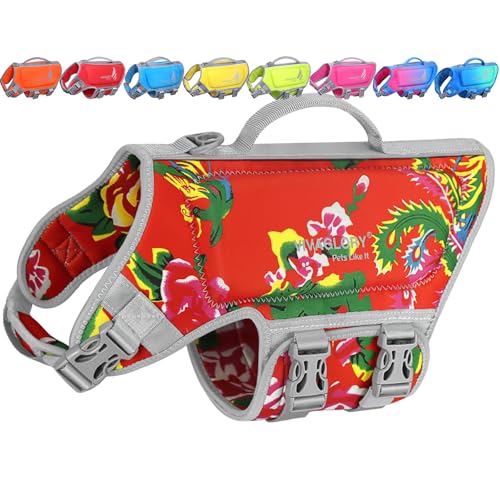 VIVAGLORY High Buoyancy Dog Life Vest, Swimming Vest with Handle, Dog Life Jacket for Swimming & Boating, Buoyancy for Puppy Doggy, XS, Northeast Florals-Red - color: Northeast Florals-Red, size: XS: 16-20 inch (Ribcage Girth)