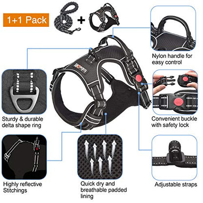 tobeDRI No Pull Dog Harness Adjustable Reflective Oxford Easy Control Medium Large Dog Harness with A Free Heavy Duty 5ft Dog Leash (S (Neck: 13"-18", Chest: 17.5"-22"), Black Harness+Leash) - color: Black Harness+Leash, size: Small