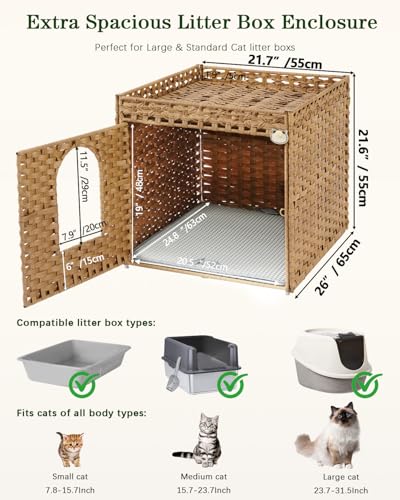 SETVSON Cat Litter Box Enclosure Furniture, Large Hidden Litter Box Furniture, Handwoven Rattan Cat House Cabinet, One Mat, Two S-Shaped Hooks, Living Room, Apartment 21.6 X 26 X 21.6 Inches, Natural - color: Natural, size: XL