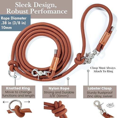 Hands Free Dog Leash, Waist Leash for Dog Walking, Crossbody, Multifunctional, Dog Lead, Running, 2 Dogs, Dual Handle, Traditional Lead, Adjustable Lead 4.3ft - 7.5ft, 3/8" (10mm) Diameter. - color: Maple Brown