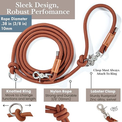 Hands Free Dog Leash, Waist Leash for Dog Walking, Crossbody, Multifunctional, Dog Lead, Running, 2 Dogs, Dual Handle, Traditional Lead, Adjustable Lead 4.3ft - 7.5ft, 3/8" (10mm) Diameter. - color: Maple Brown