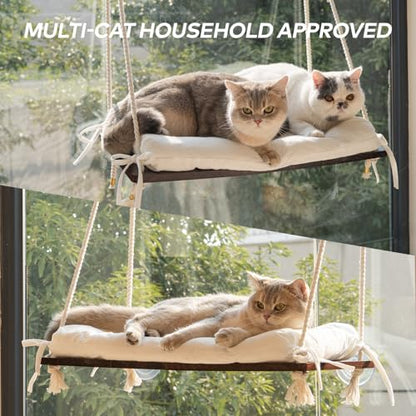 Cat Window Perch for Indoor Cats, Wooden Cat Bed for Window with Washable Cushion, Hanging Kitty Hammock Suitable for Small-to-Large Cats