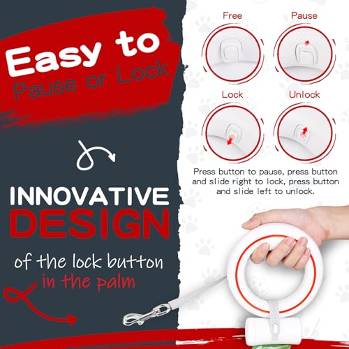 UFO Retractable Dog Leash Hands Free Wearable Laisse Chien with Poop Bag Holder One-Handed Brake Pause Lock 360° Tangle Free 10 ft Strong Nylon Tape Dog Leash for Up to 66lbs Medium Small Dogs - color: Red