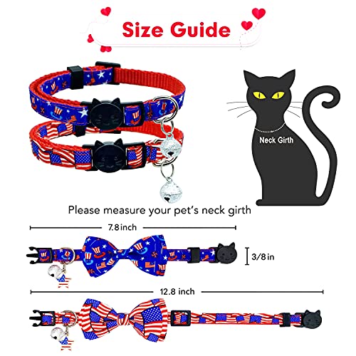 4th of July Cat Bow Tie Collar with Bell, Independence American Holiday Kitty Kitten Patriotic USA Flag Collars for Boys Girls Male Female Cats - color: Pattern 1