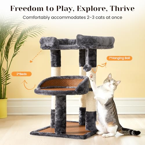 Fansafurn Multi-Level Cat Tree for Indoor Cats, Modern Cat Tower with Double Beds & Scratching Posts, 27 in Cute Cat Tree for Large Cats and Kitten, Small Cat Climbing Tower with Hanging Toys, Grey - color: Grey