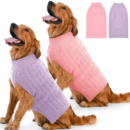 2 Pack Dog Sweaters for Large Dogs Winter Turtleneck Pullover Cable Knit Fleece Stretch Pitbull Labrador Golden Retriever Doberman Bulldog Boy Girl Pet Clothes (XL, Pink & Purple) - color: Pink & Purple, size: X-Large