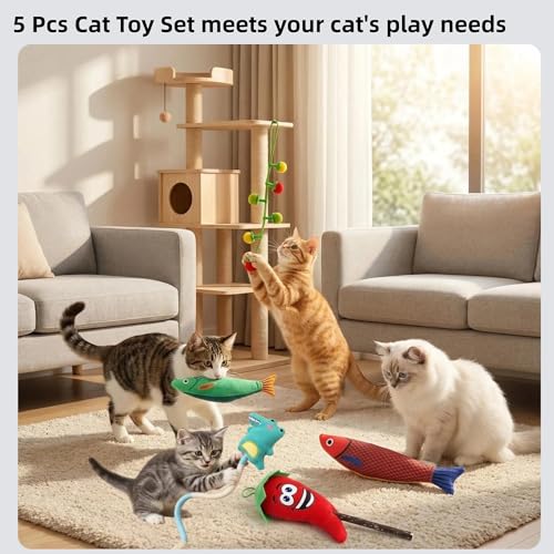 5 Pcs Ultimate Cat Toys Set with Natural Catnip Toys & Silvervine, 2 Plush Fish, Chili Chew, Silent Dino Rope & Hanging Tomato, Relieves Anxiety, Teething Aid, Quiet Play for Indoor Cats