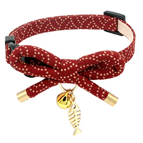 Cute Bowtie Cat Collar with Bell. Japanese Stylish Bowknot & Fish Charm. Safety Breakaway, Soft, Lightweight, for Girl Boy Male Female Cats Kitten,Red - color: Apple Red, size: Medium (8-12 inches)