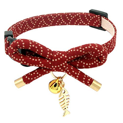 Cute Bowtie Cat Collar with Bell. Japanese Stylish Bowknot & Fish Charm. Safety Breakaway, Soft, Lightweight, for Girl Boy Male Female Cats Kitten,Red - color: Apple Red, size: Small (6-9.5 inches)