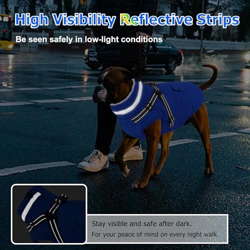 Dog Coat with Harness, Waterproof Warm Dog Winter Jacket with Pockets, Reflective Pet Fleece Jacket Turtleneck Snowsuit for Small Medium Large Dogs - Blue, 2XL - color: Blue, size: XX-Large( Chest:35.4" Back:23.6" Neck:23.6")
