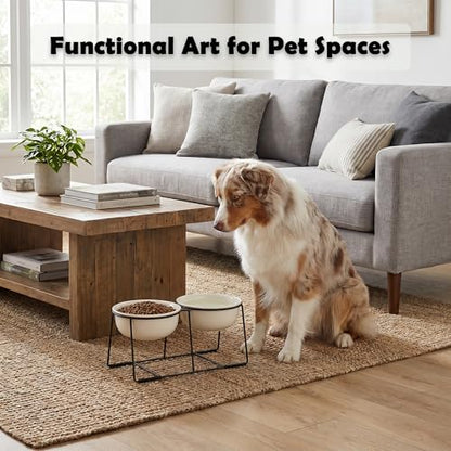 Ceramic Elevated Dog Bowl Set - Raised Double Feeding Bowls with Metal Stand - Pet Dishes for Medium and Large Dogs - 5.8 Cups - 47.3 fl oz - Beige - color: Beige, size: XL-800ml