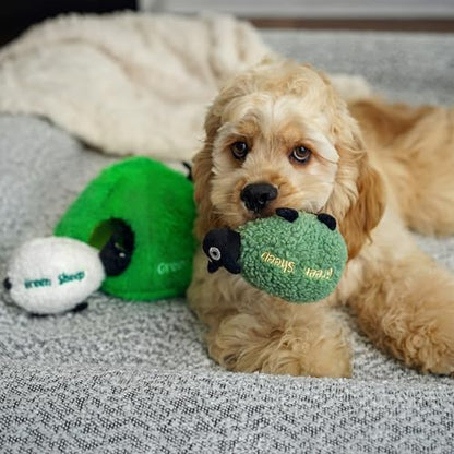 Green Sheep Hide & Seek Toy for Dogs, Durable Plush Squeaky Dog Toys with Recycle Cotton Rope, Interactive Chew Toy for Small to Large Dogs, Tough Pet Toys to Keep Them Busy