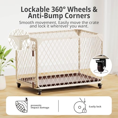 30 Inch Dog Crate with Lockable Wheel, Diamond Mesh Metal Dog Kennel Cage with Double Secure Latch & Leak-Proof Tray, Escape-Proof Dog Crates for Small Dogs Breeds, Dogs up to 70 lbs - size: 30.0"L x 19.0"W x 20.0"H