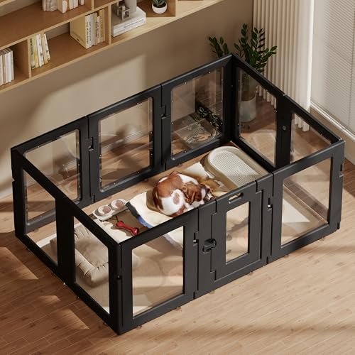 Clear Acrylic Dog Playpen with Door, Puppy Playpen for Indoor Use with Heavy Duty Door Lock, Easy Assemble Pet Pen Fence for Small Dogs and Puppies (Black, 24 in-H, 10 Panel) - color: Black, style: 10 Panels - 24 In