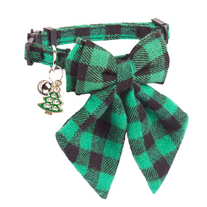 ADOGGYGO Christmas Cat Collars Breakaway with Bowtie, 2 Pack Red Green Plaid Xmas Kitten Collar with Removable Bow Bell Christmas Collar for Cats Kittens - color: Red&Green-2