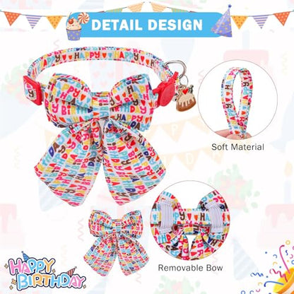 SCENEREAL Birthday Cat Collar with Bell & Stylish Bowtie, Breakaway Cat Collars Accessories for Boy Girl Small Cats, Holiday Kitten Gifts Costumes for Female Male Pets Puppy - color: Stylish Bow (Birthday Theme)