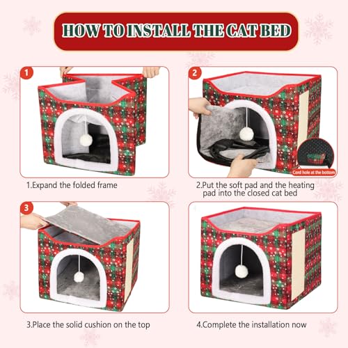 Heated Cat Bed for Indoor Cats, Foldable Cat House with Removable Heating Pad for Cats Small Dog Covered Cat Bed Cave Kitty Hideaway with with Scratch Pad, All Season Use