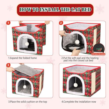 Heated Cat Bed for Indoor Cats, Foldable Cat House with Removable Heating Pad for Cats Small Dog Covered Cat Bed Cave Kitty Hideaway with with Scratch Pad, All Season Use