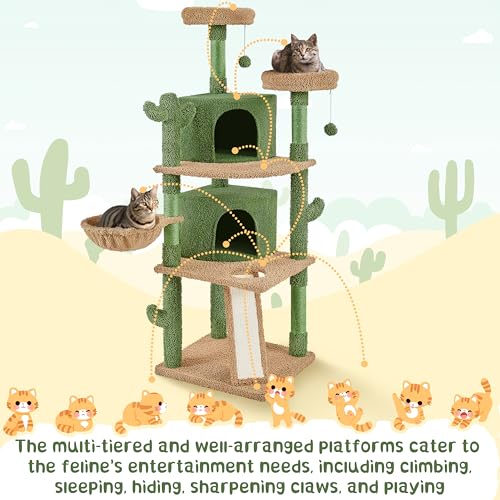 Yaheetech Cactus Cat Tree, 66?H Cat Tower for Indoor Cats, Multi-Level Cat Tree with Large Condos & Ramp, Pet Play House with Padded Perch, Platforms, Basket & Hanging Ball, Green/Brown