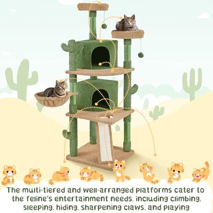 Yaheetech Cactus Cat Tree, 66?H Cat Tower for Indoor Cats, Multi-Level Cat Tree with Large Condos & Ramp, Pet Play House with Padded Perch, Platforms, Basket & Hanging Ball, Green/Brown