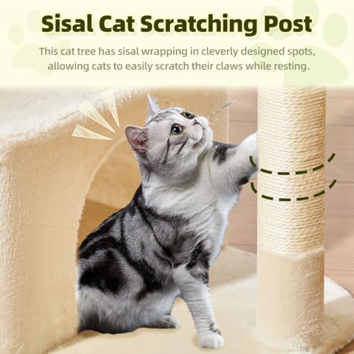 Taoqimiao MS043M Cat Tree, 32.2-Inch Cat Tower for Indoors Cats, Cat Condo with Large Cat Perch, Spacious Cat Cave, Scratching Posts for Small and Medium Cats, Beige - color: Beige