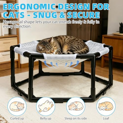 Elevated Cat Cooling Hammock Bed, Hexagonal Raised Cat Cot with Breathable Ice Beanie Fabric and Anti Slip Block, Cooling Pad Mat Indoor Outdoor Stable Pet Swing Bed for Small Puppy, Gery - color: Gray