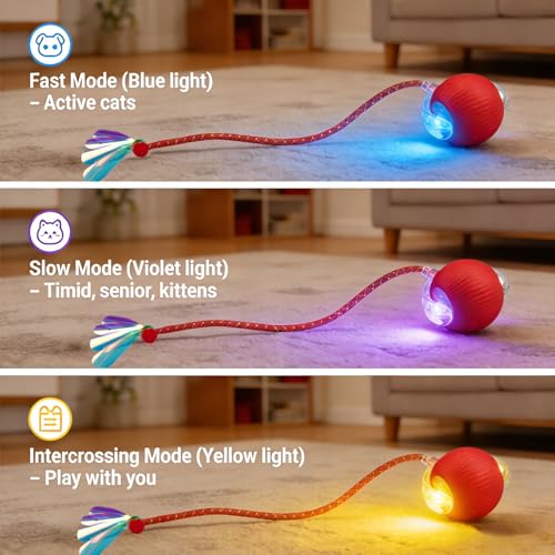 Speedy Tail 2.0 Cat Toy – 2 Replaceable Tails, Controllable Chirping, Motion Activated Rolling Ball, USB Rechargeable – Enrichment & Exercise for Bored Indoor Cats, Kittens (Red) - color: A-Red