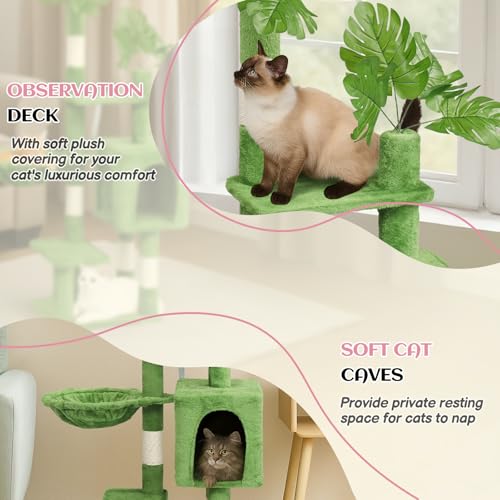 Outvita Cat Tree 48in Monstera Cat Tower with Leaves, Multi-Level Cat Tree Tower with Condo, Cozy Plush Hammock, Dangling Toy, Sisal Scratching Posts, Large Pet Activity Center for Indoor Cats, Green - size: 48" Green