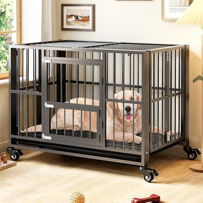 Heavy Duty Dog Crate, Indestructible Large Dog Crate with Escape Proof, High Anxiety Dog Kennel Indoor with Lockable Wheels. (43in) - size: 43in