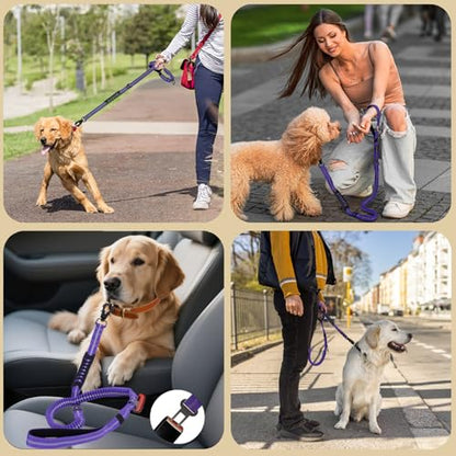Heavy Duty Tactical Dog Leash, 4-6FT Shock Absorbing Bungee Lead with 2 Padded Handles, Metal Carabiner & Seatbelt Clip, Reflective No-Pull Leash for Medium/Large Dogs Purple - color: Purple