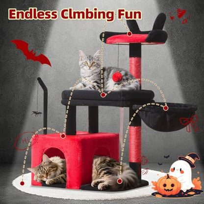 Taoqimiao MS043BR Cat Tree, 32.2-Inch Cat Tower for Indoors Cats, Cat Condo with Large Cat Perch, Spacious Cat Cave, Scratching Posts for Small and Medium Cats, Black and Red - color: Gothic