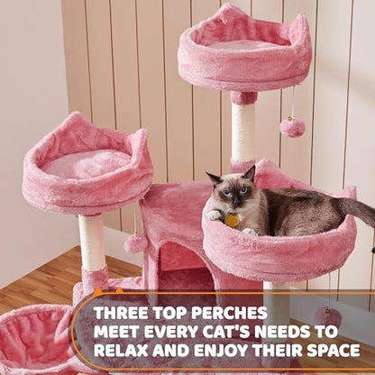 Yaheetech 68.5in Cat Tree for Large Cats, Multi-Level Cat Tower with 3 Wide Perches, Large Condo, Stable Pet Play House w/Sisal-Covered Scratching Posts & Board, Pink - color: Pink, size: 68.5in