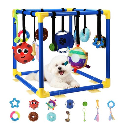 Puppy Play Gym with 12 Toys, Removable Dog Enrichment Playground, Interactive Indoor Training Activity Center for Small Dogs & Puppies, Teething & with Squeaky Toys, Fixable, 12 Toys