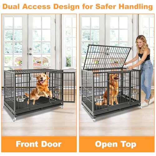 Homey Pet Large Dog Crates for Large Dogs, 47 Inch Heavy Duty Stackable Dog Cage with 2 Bowls, 4 Wheels, Double Removable Trays and Grids, Escape Proof Metal Wire Dogs Kennel Indoor - size: 47.0"L x 28.5"W x 35.0"H