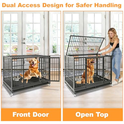 Homey Pet Large Dog Crates for Large Dogs, 47 Inch Heavy Duty Stackable Dog Cage with 2 Bowls, 4 Wheels, Double Removable Trays and Grids, Escape Proof Metal Wire Dogs Kennel Indoor - size: 47.0"L x 28.5"W x 35.0"H